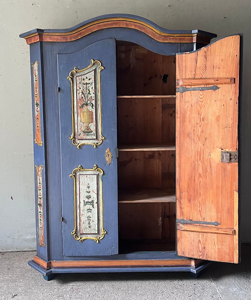 Antique Pine Marriage Cupboard with Neoclassical Motifs on Blue | John Cornall