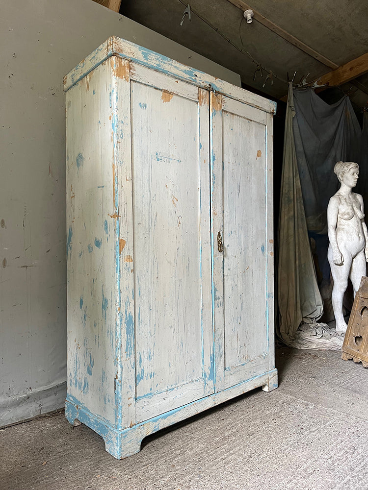 Antique Pine Wardrobe/Cupboard in Original White & Blue Paint