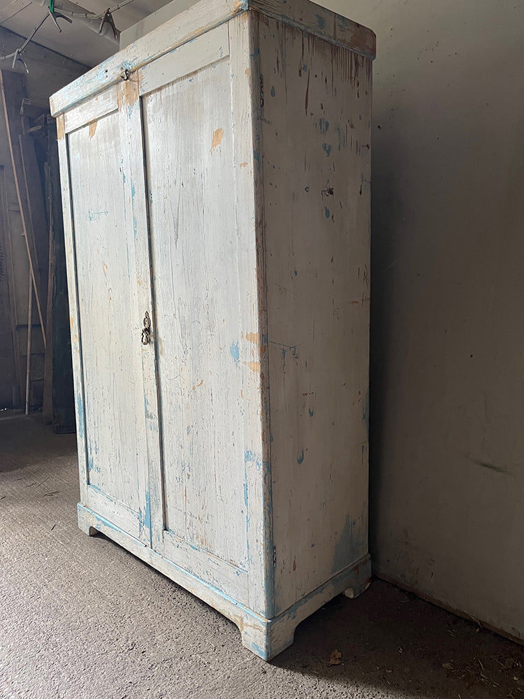 Antique Pine Wardrobe/Cupboard in Original White & Blue Paint