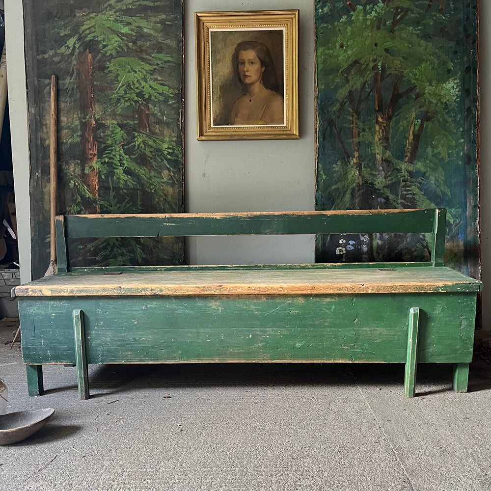 Antique Rustic Box/Bed Bench in Original Green Paint