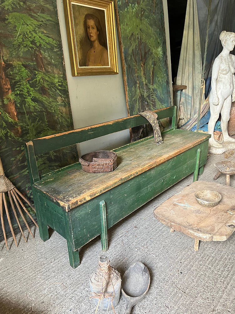 Antique Rustic Box/Bed Bench in Original Green Paint