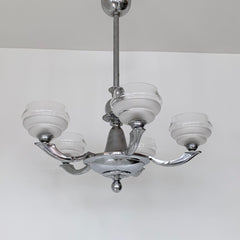 Art Deco Chromed Chandelier With Textured Glass Shades