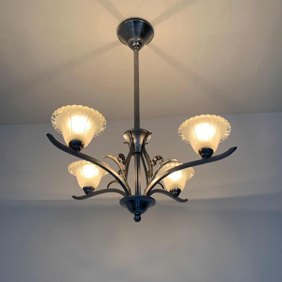 Art Deco Silver Nickelled Chandelier With Frosted Glass Shades