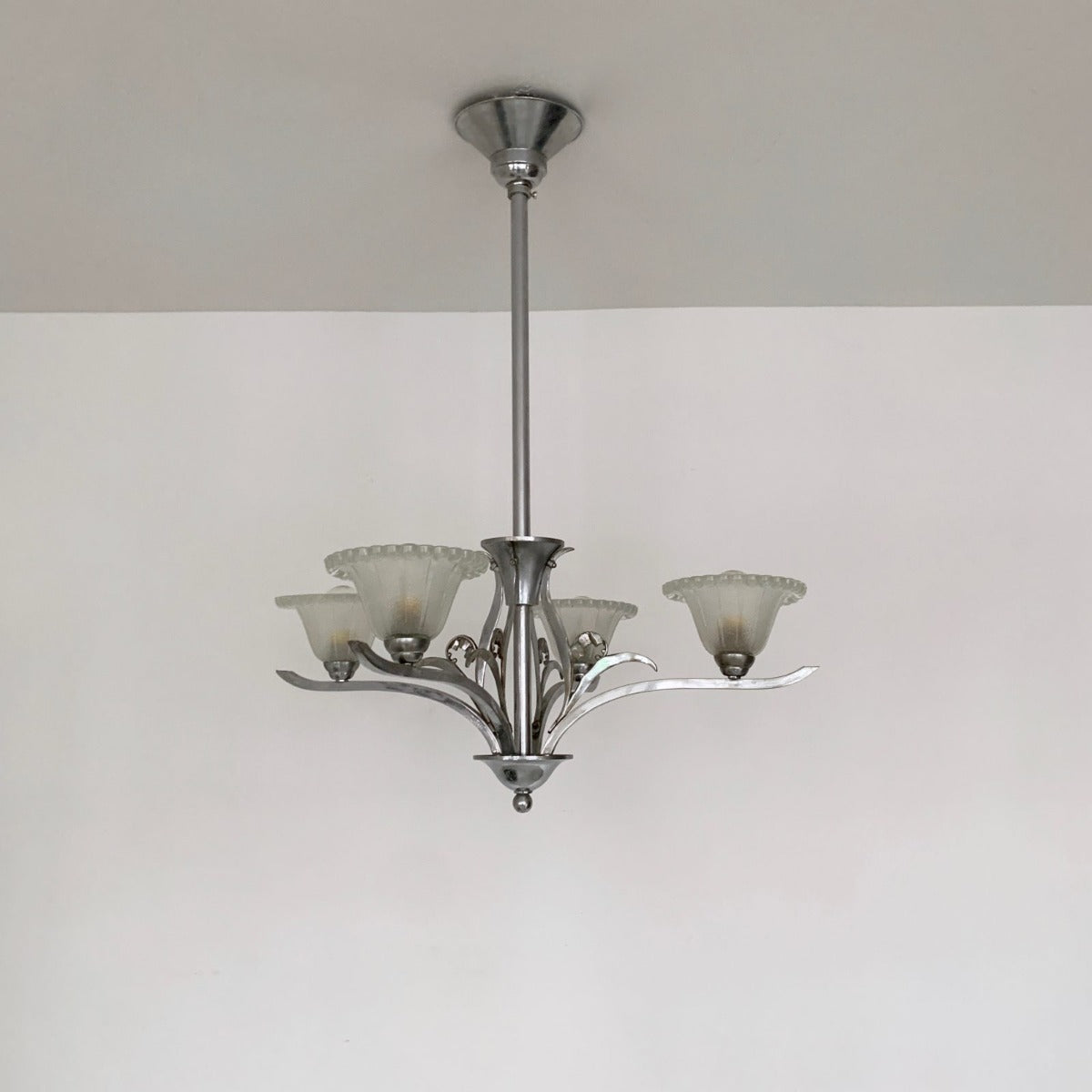 Art Deco Silver Nickelled Chandelier With Frosted Glass Shades