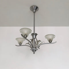 Art Deco Silver Nickelled Chandelier With Frosted Glass Shades