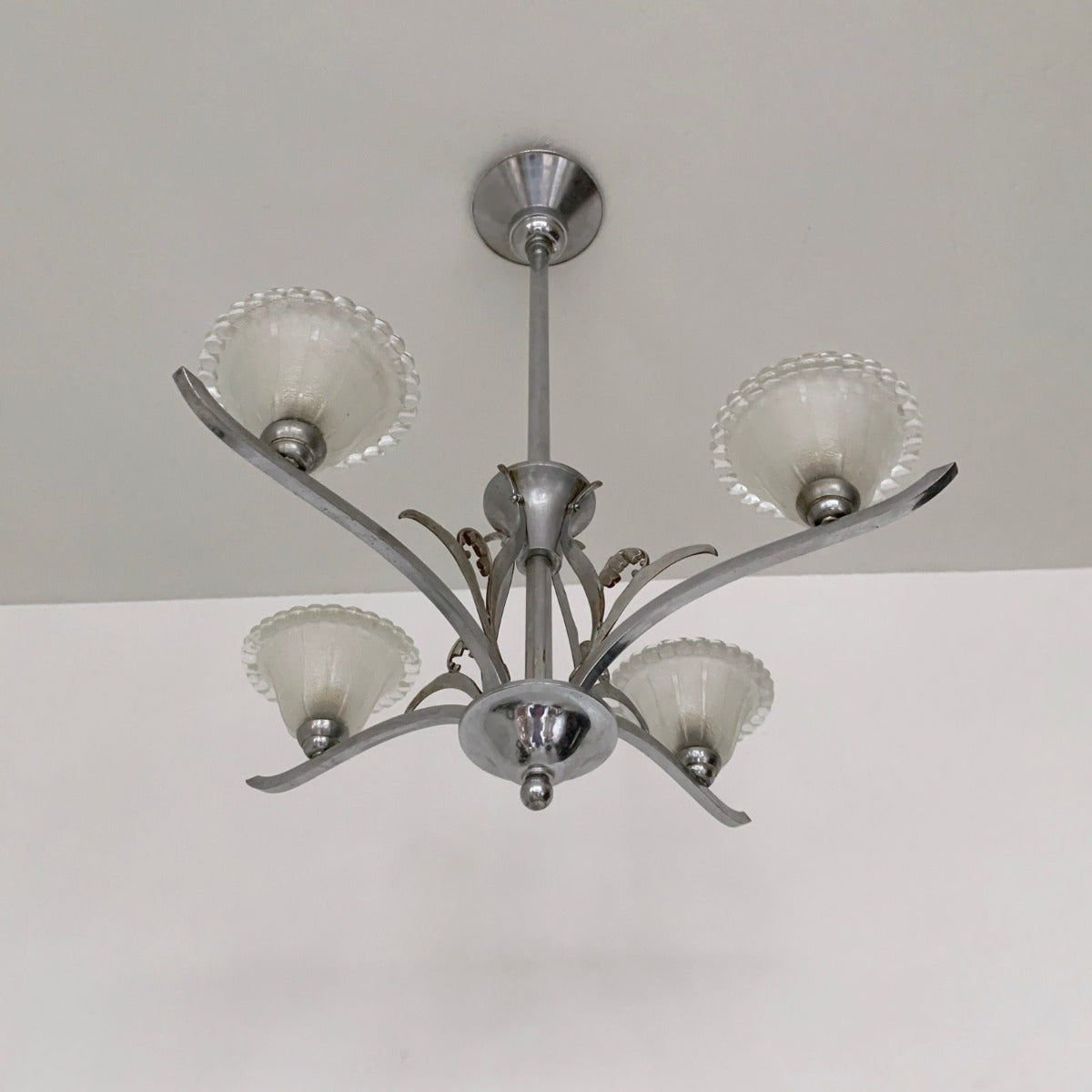 Art Deco Silver Nickelled Chandelier With Frosted Glass Shades