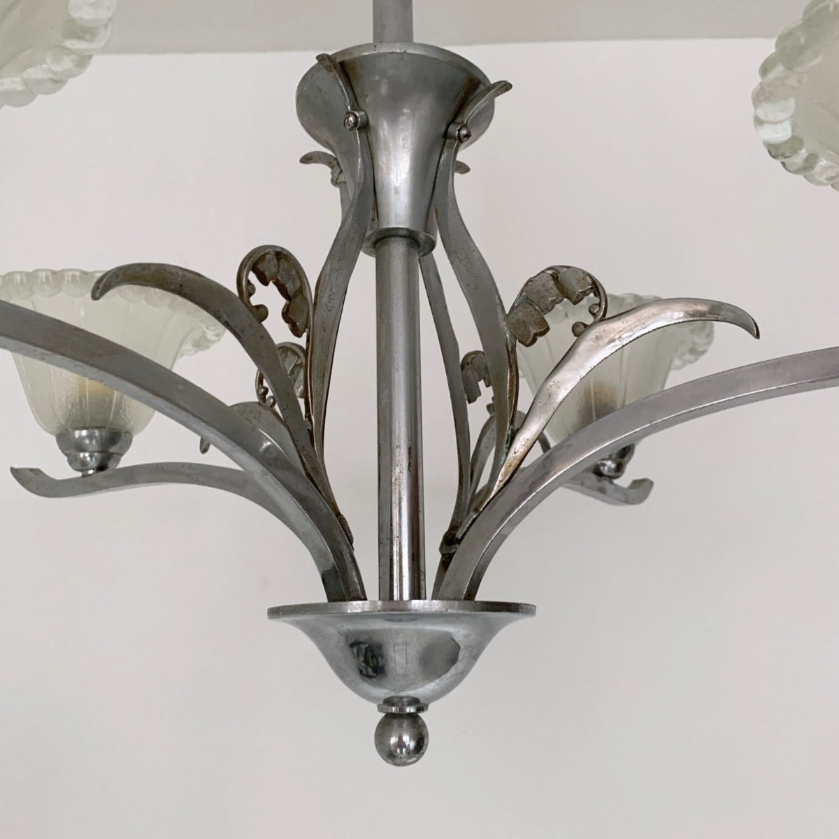 Art Deco Silver Nickelled Chandelier With Frosted Glass Shades