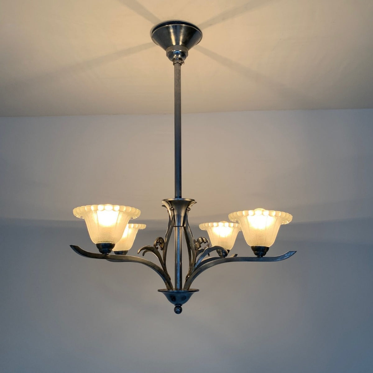 Art Deco Silver Nickelled Chandelier With Frosted Glass Shades