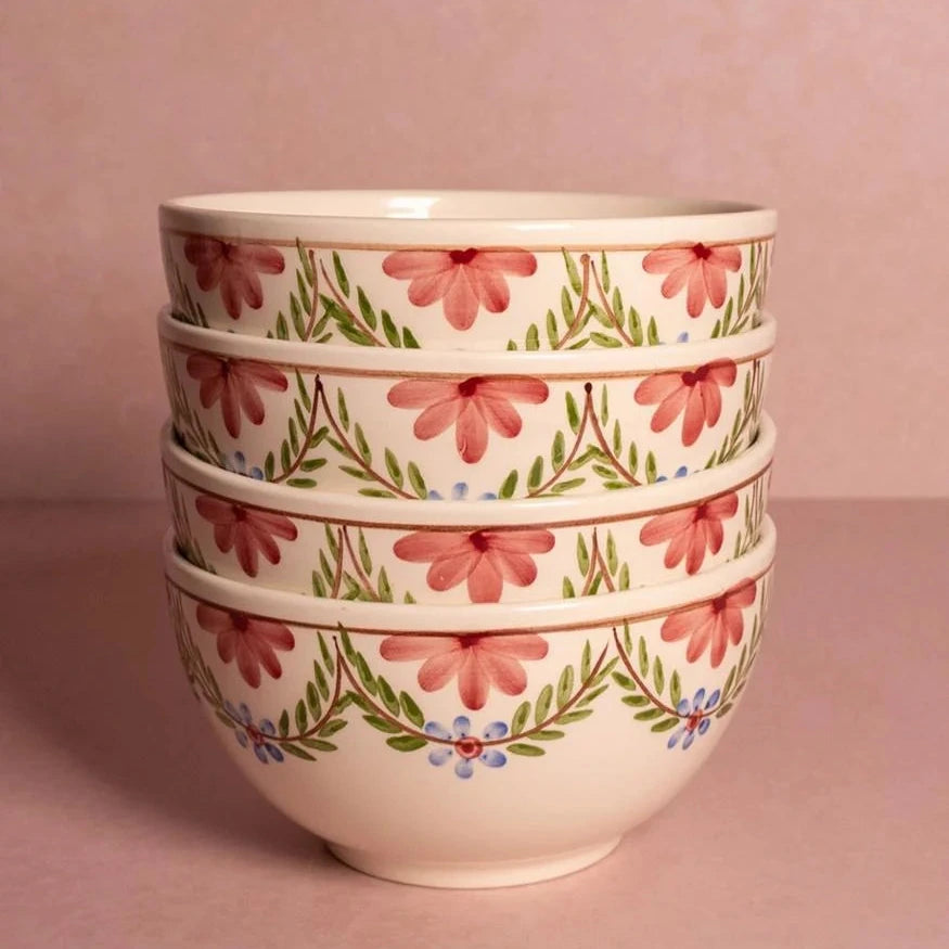 Set of 4 Hand-painted Pink & Blue Floral Cereal Bowls | Casa by JJ