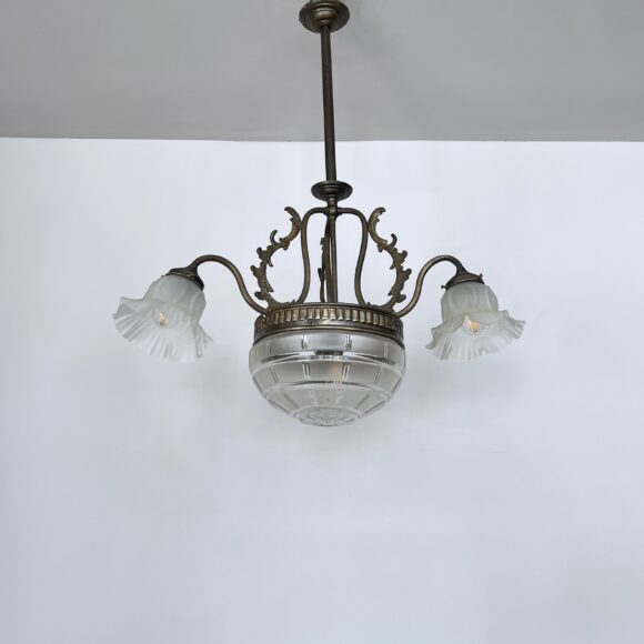 Brass chandelier with a cut glass frosted diffuser shade and three frosted frilled glass shades