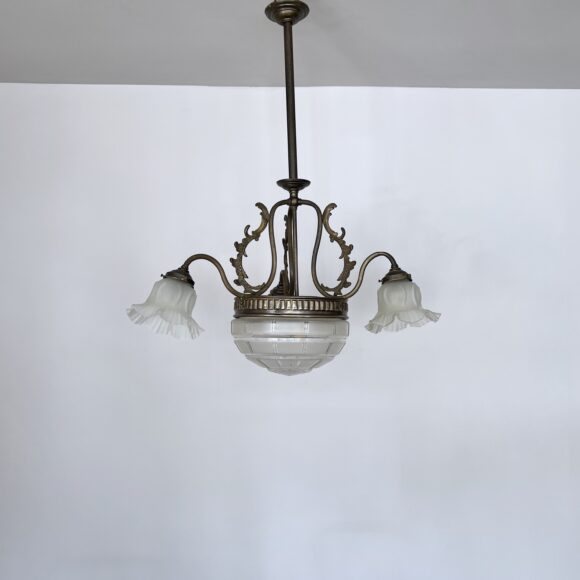 Brass chandelier with a cut glass frosted diffuser shade and three frosted frilled glass shades