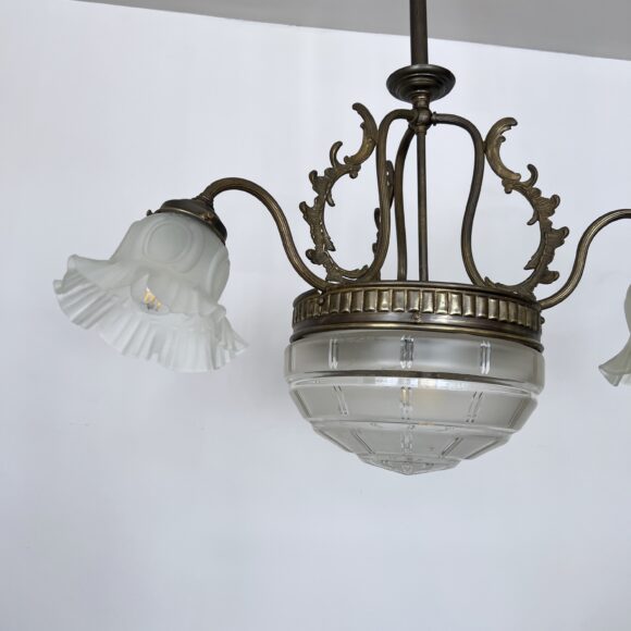 Brass chandelier with a cut glass frosted diffuser shade and three frosted frilled glass shades
