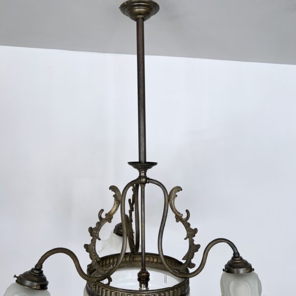 Brass chandelier with a cut glass frosted diffuser shade and three frosted frilled glass shades