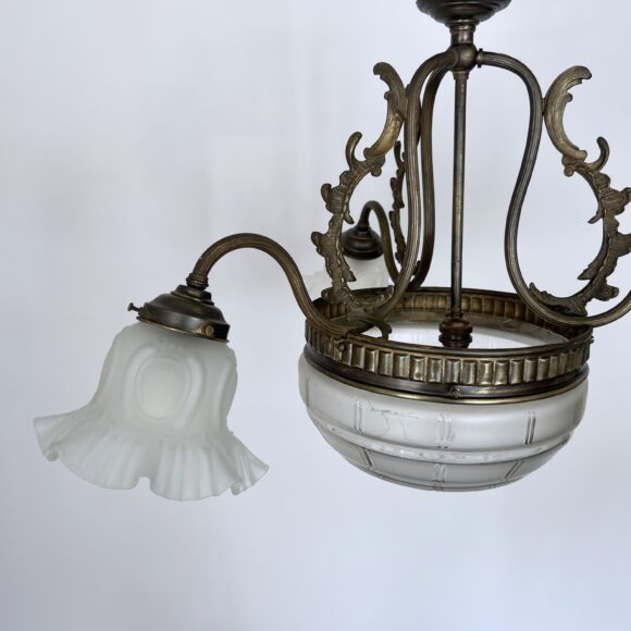 Brass chandelier with a cut glass frosted diffuser shade and three frosted frilled glass shades