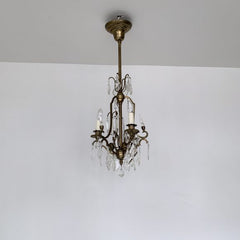 Large Italian Dark Brass Birdcage Chandelier with Glass & Crystal Drops