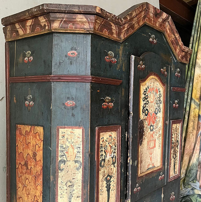 Charming Antique Folk Painted Marriage Cupboard with Urns, Cornucopia & Flowers