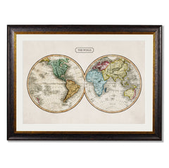 C.1800s Map of the World Framed Vintage Print