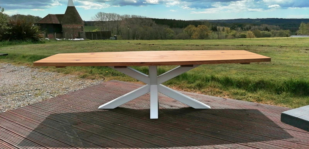 Solid Oak Curved Garden Table with Steel Cross Legs