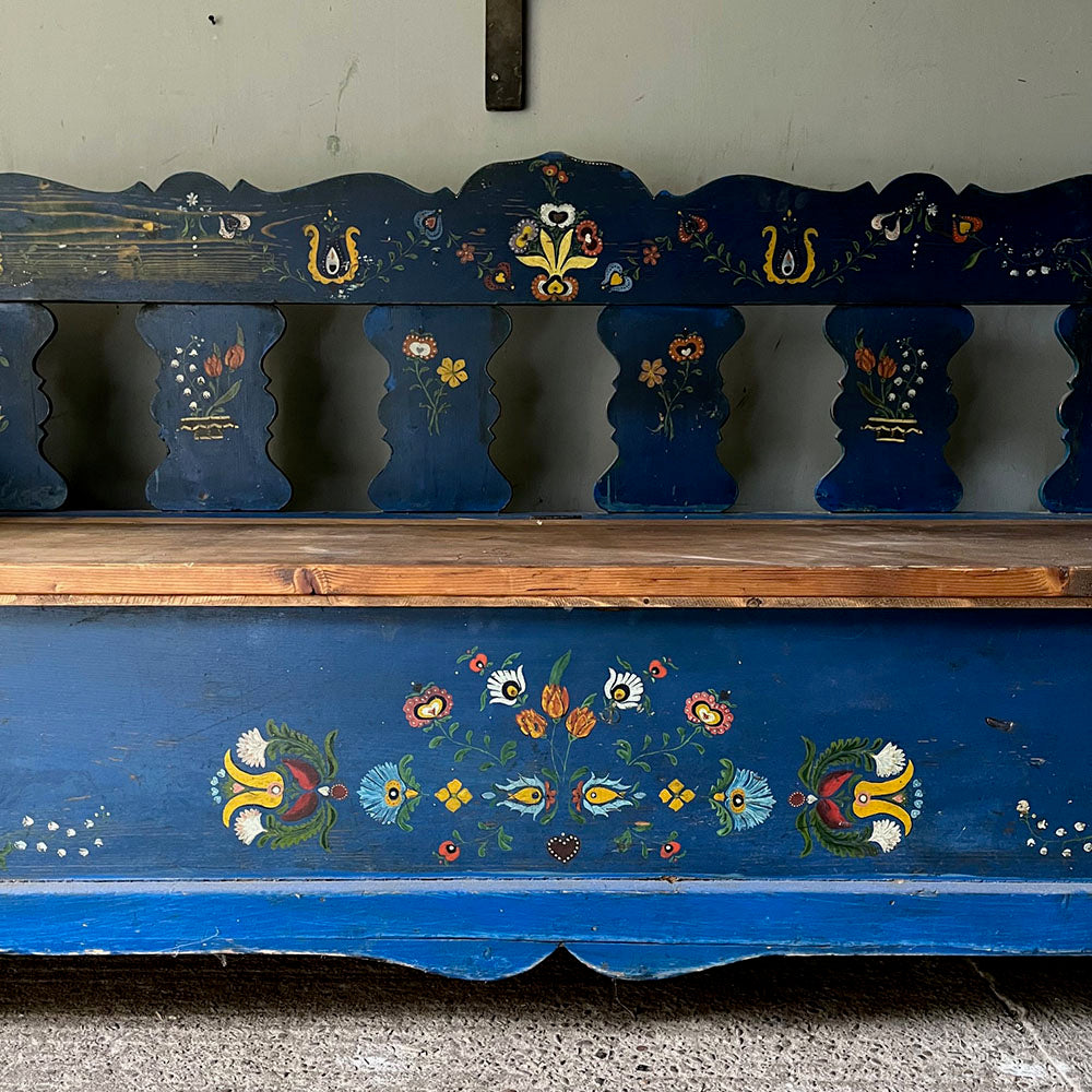 Decorative Antique Folk Settle with Strking Blue Floral Background