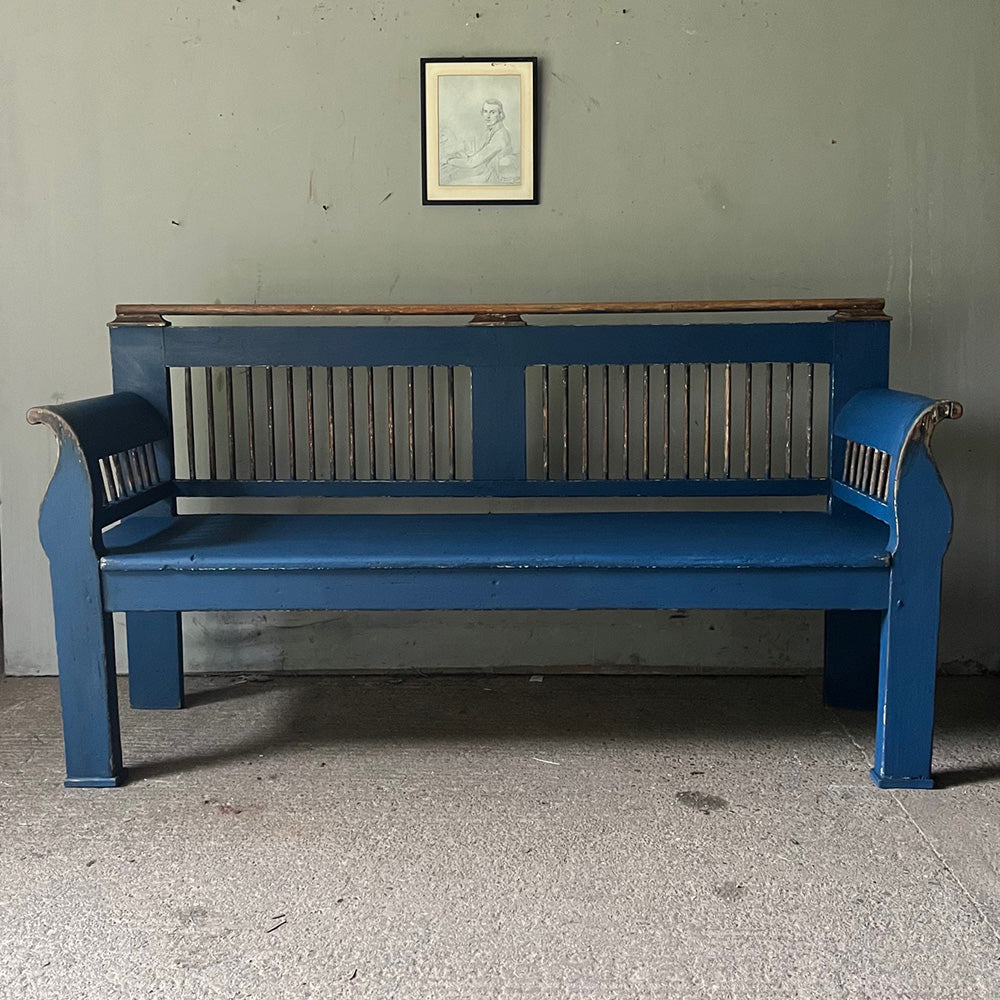 Decorative Neo-Classical Antique Folk Bench with Spindles in Striking Blue| John Cornall