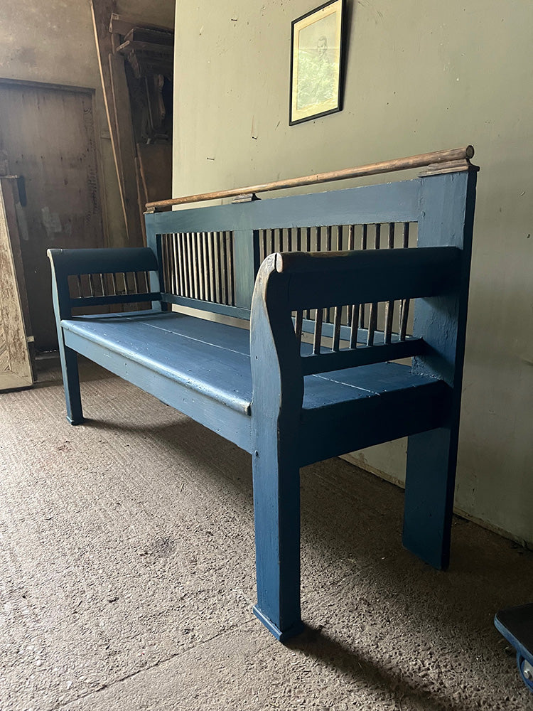 Decorative Neo-Classical Antique Folk Bench with Spindles in Striking Blue| John Cornall