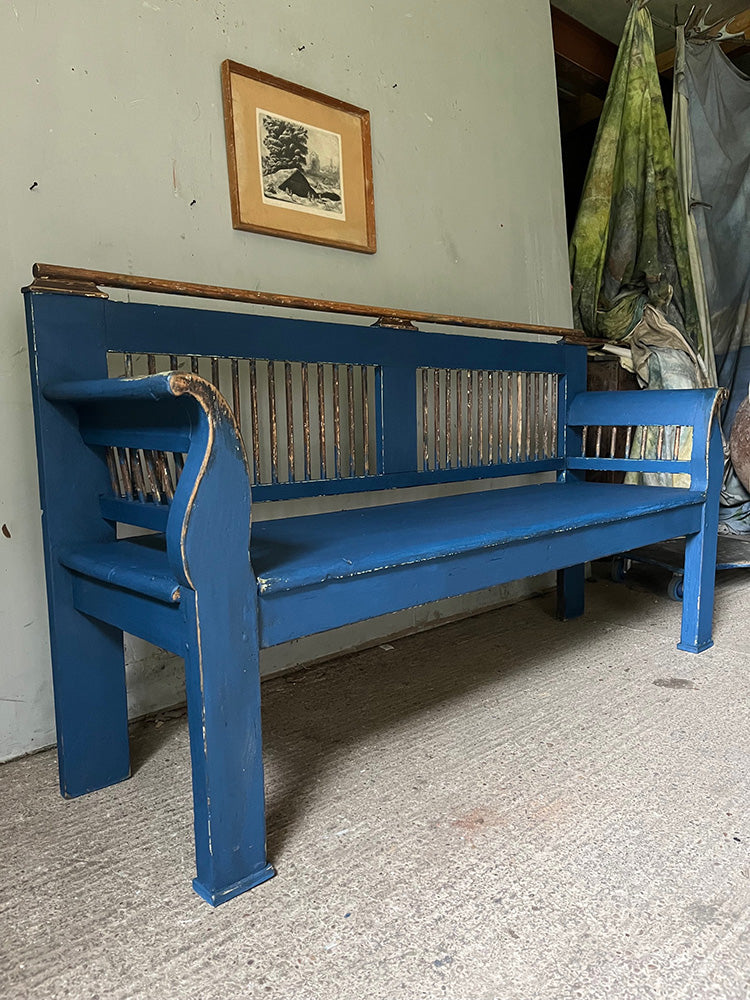 Decorative Neo-Classical Antique Folk Bench with Spindles in Striking Blue| John Cornall