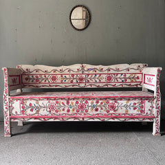 Antique Folk Floral Art Painted Box Bench in Red and White | John Cornall
