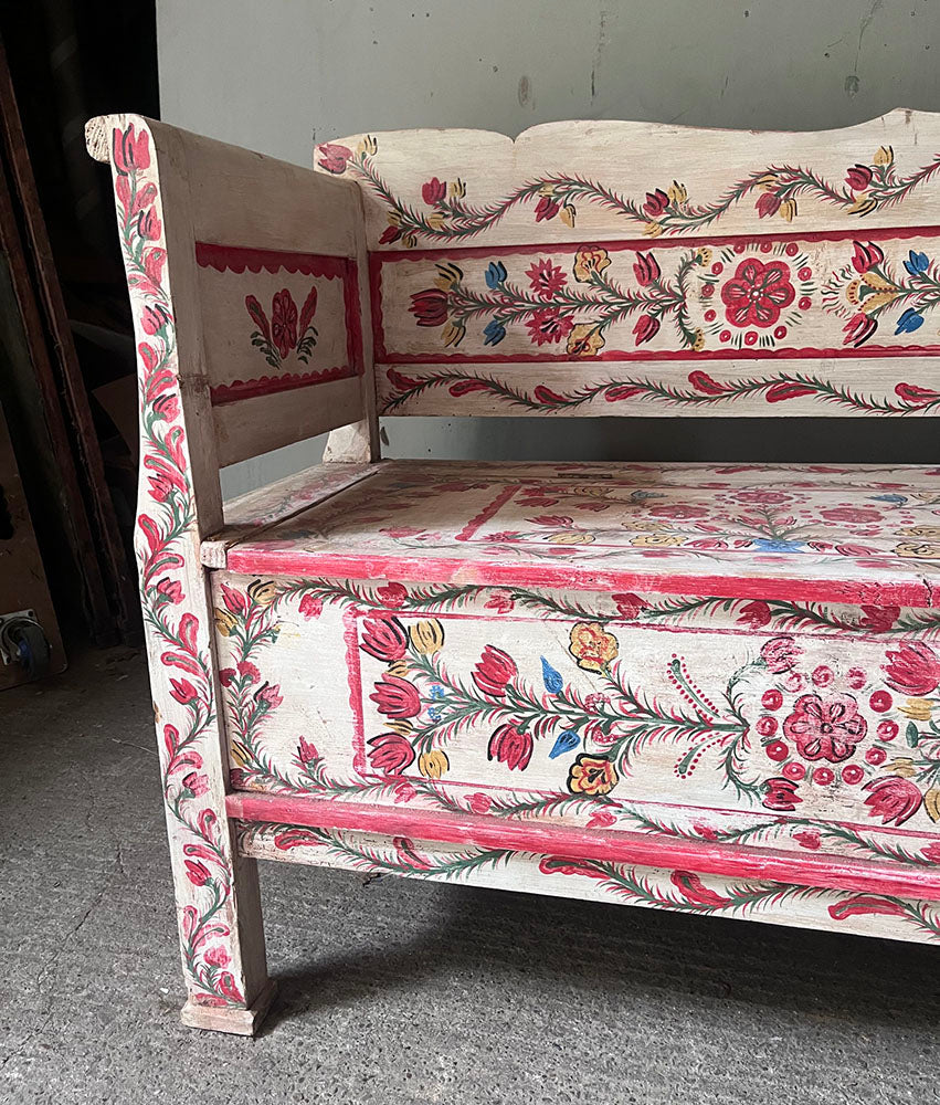 Antique Folk Floral Art Painted Box Bench in Red and White | John Cornall