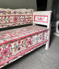 Antique Folk Floral Art Painted Box Bench in Red and White | John Cornall