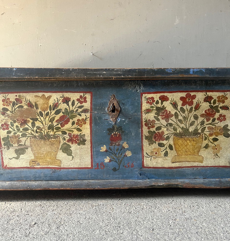 Delightful Folk Art Painted Marriage Box with Wild Flowers on Blue & Cream