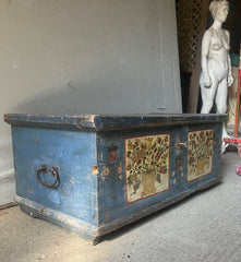 Delightful Folk Art Painted Marriage Box with Wild Flowers on Blue & Cream