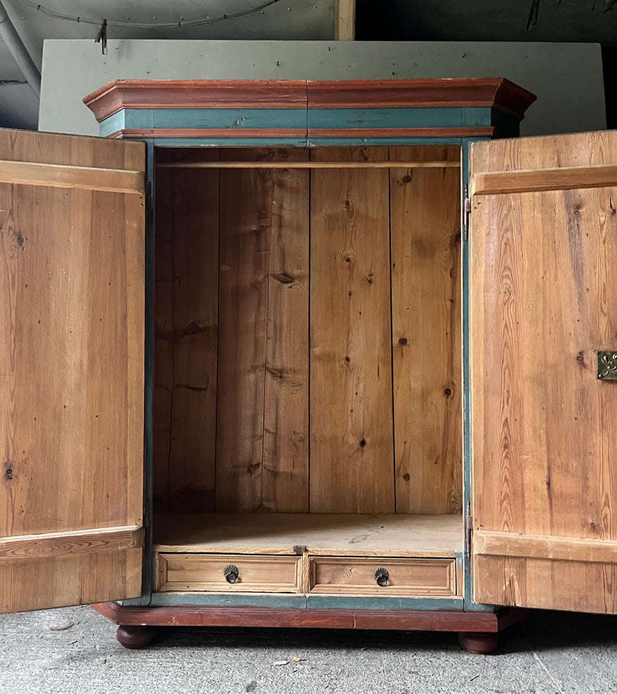 Delightful Antique Folk Art Pine Marriage Cupboard in Powder Blue & Pink