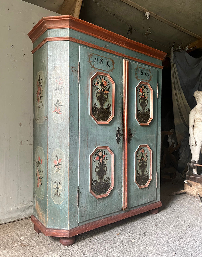 Delightful Antique Folk Art Pine Marriage Cupboard in Powder Blue & Pink