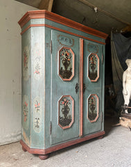 Delightful Antique Folk Art Pine Marriage Cupboard in Powder Blue & Pink