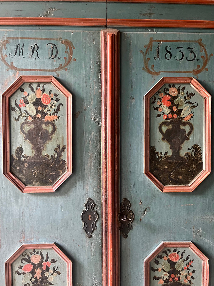 Delightful Antique Folk Art Pine Marriage Cupboard in Powder Blue & Pink