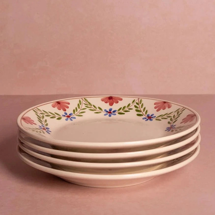 Set of 4 Hand-painted Pink & Blue Floral Dinner Plates | Casa by JJ