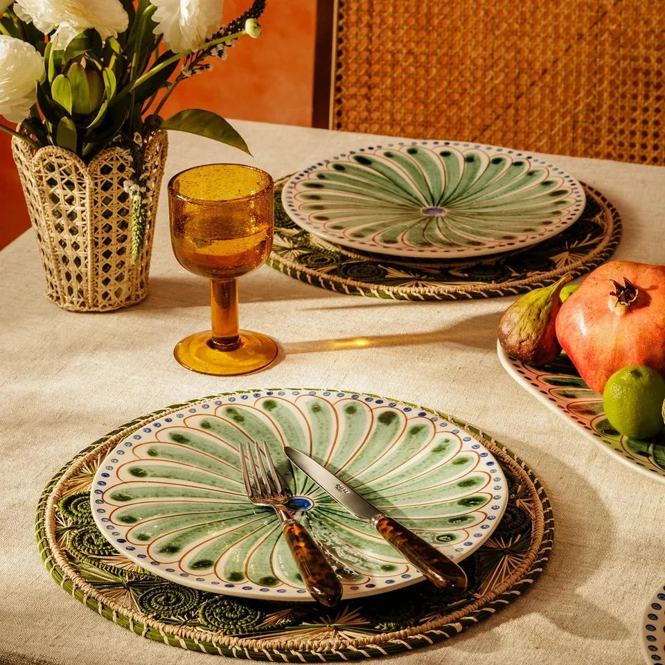 Set of 4 Green & Blue Peacock Hand-Painted Dinner Plates | Casa by JJ