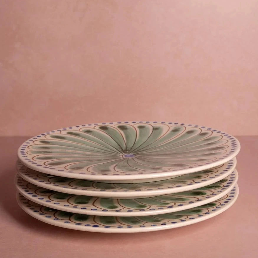 Set of 4 Green & Blue Peacock Hand-Painted Dinner Plates | Casa by JJ