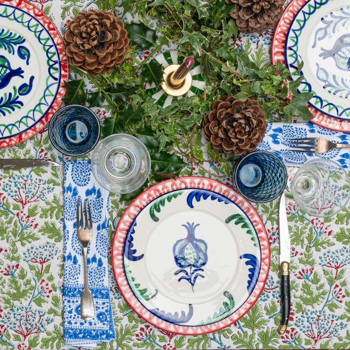 Kelpie' Block Printed Red & Green Floral Tablecloth