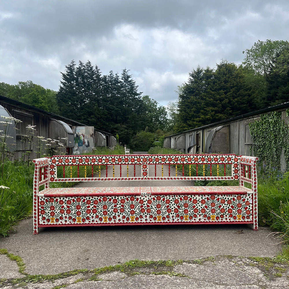 Exceptional Long Folk Art Painted Antique Marriage Bench | John Cornall