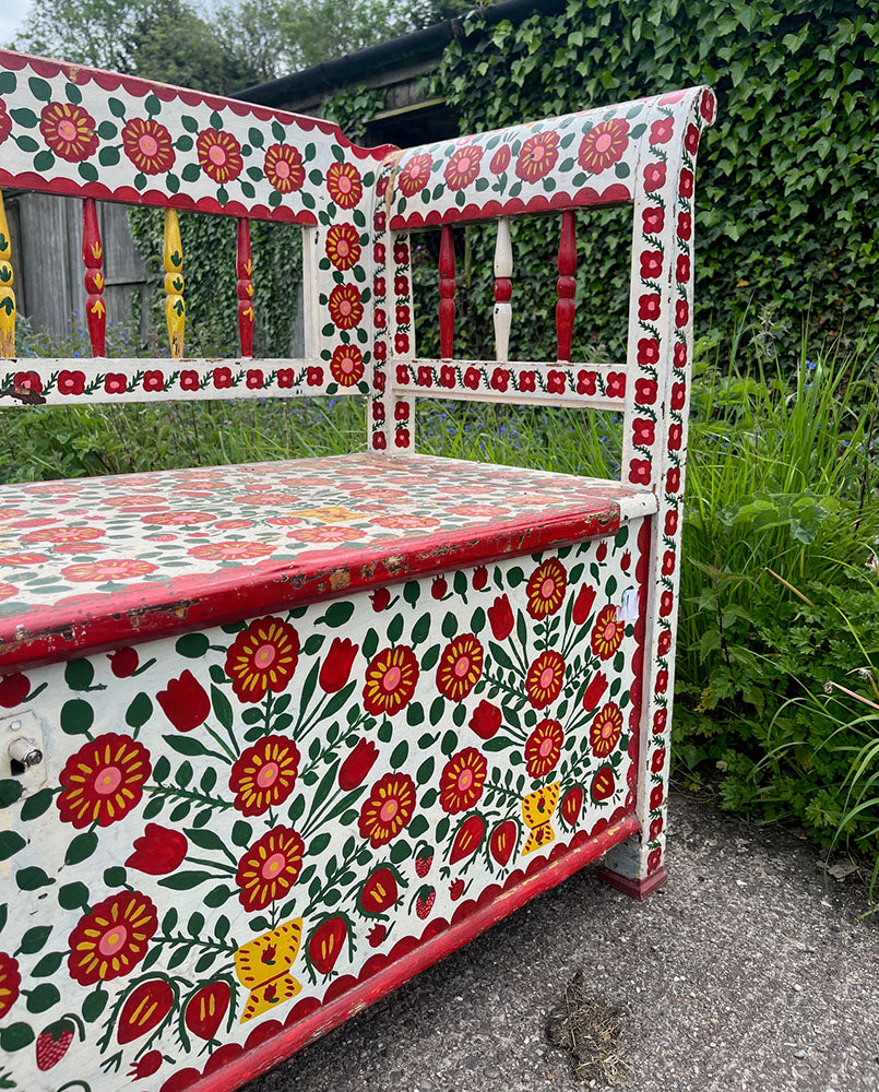 Exceptional Long Folk Art Painted Antique Marriage Bench | John Cornall