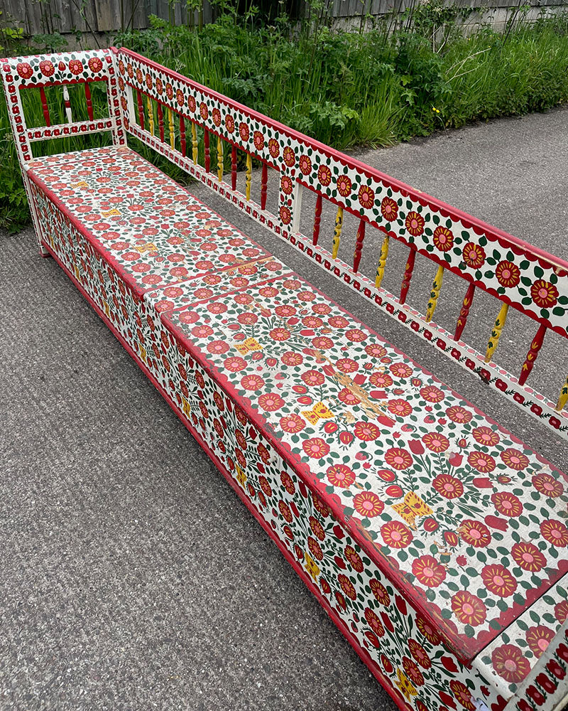 Exceptional Long Folk Art Painted Antique Marriage Bench | John Cornall