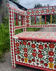 Exceptional Long Folk Art Painted Antique Marriage Bench | John Cornall