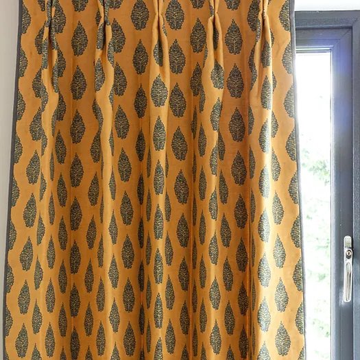 Laibik Small Print Charcoal Grey on Mustard Linen Fabric | Julia Brendel