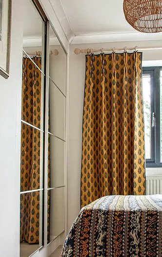 Laibik Small Print Charcoal Grey on Mustard Linen Fabric | Julia Brendel