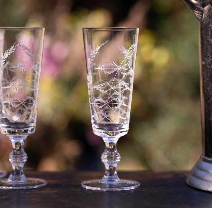 Set of 4 Crystal Champagne Flutes with Fern Design