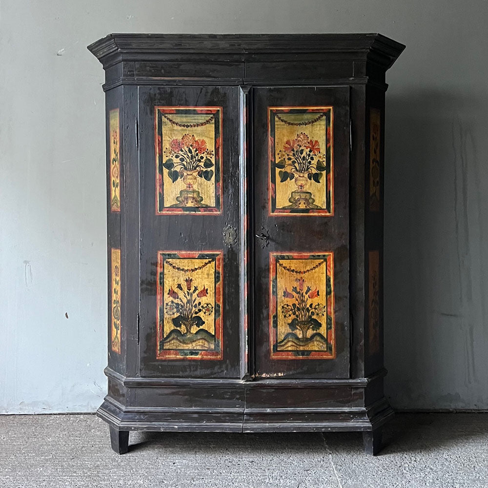 Folk Painted Marriage Cupboard With Flowers, Urns & Garlands Antique