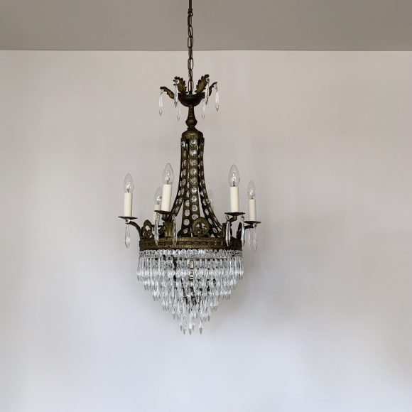 French Blue & White Glass Chandelier with Glass Icicle Drops 