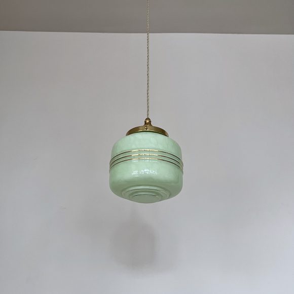 French Green Mottled Vintage Clichy Glass Shade with Gold Band Details