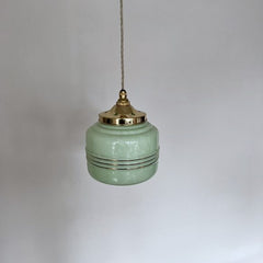 French Green Mottled Vintage Clichy Glass Shade with Gold Band Details